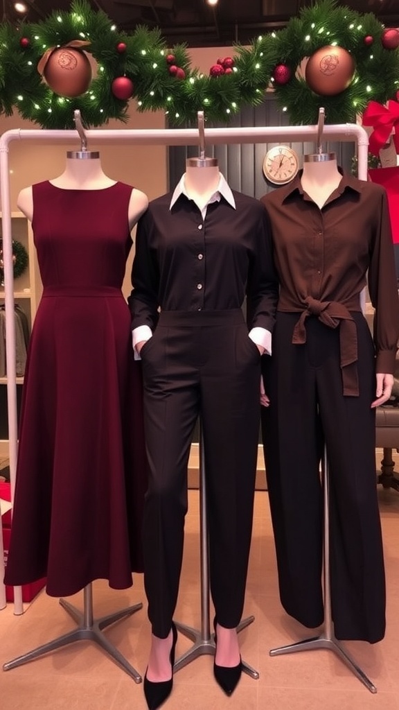 Stylish Christmas party outfits for apple-shaped figures including dresses, blouses, and jumpsuits.